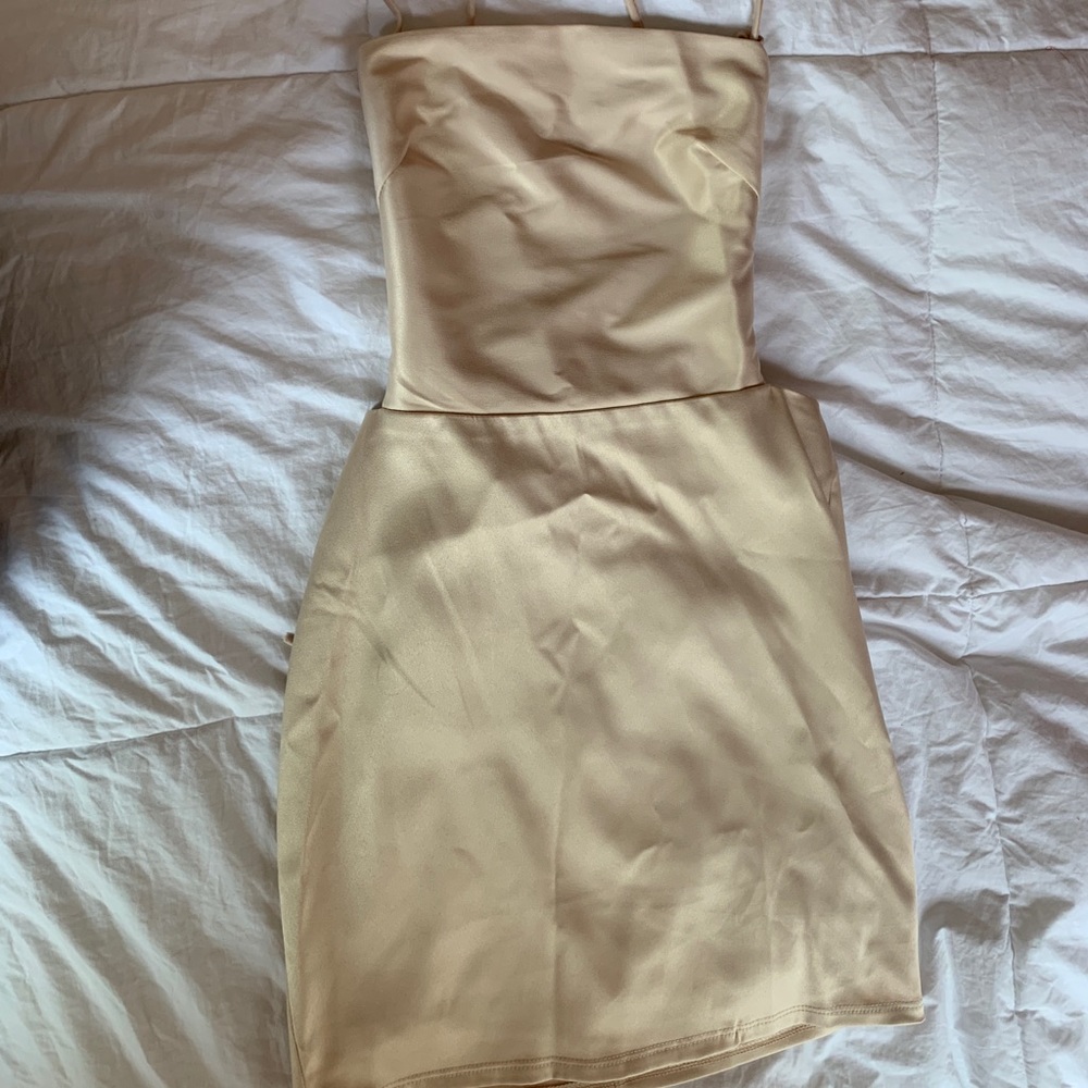 Champagne silk dress with lace up back.